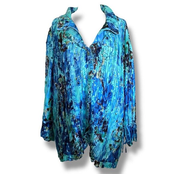 Alberto Makali Womens Top Plus Sz 3X Blue Crinkle Pleat Ruffle Sequin Blouse - Picture 1 of 7